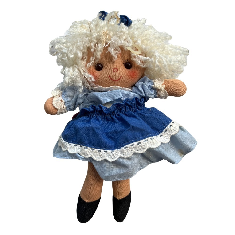 MAMAR Plush Soft Doll Black Eyes Curly Blonde Hair Blue Outfit  Stuffed Toy 9 in